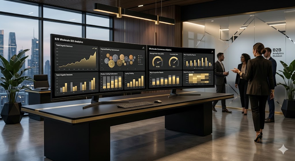Wholesale SEO case study analytics dashboard showing B2B traffic growth, keyword performance, and ecommerce visibility improvements