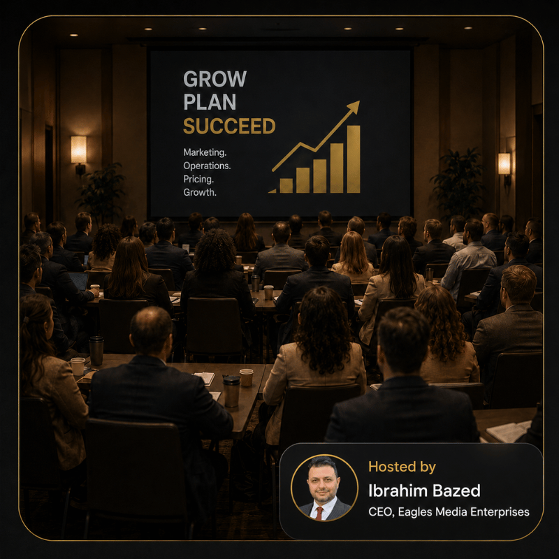Conference room with about 30 business attendees facing a large presentation screen displaying growth and strategy messaging, with a host badge featuring Ibrahim Bazed, CEO of Eagles Media Enterprises.