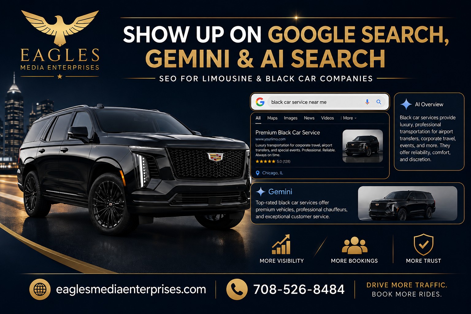 Limousine and black car SEO services by Eagles Media Enterprises — show up on Google Search, AI Overviews and Gemini, with a black Escalade and search results for black car service near me