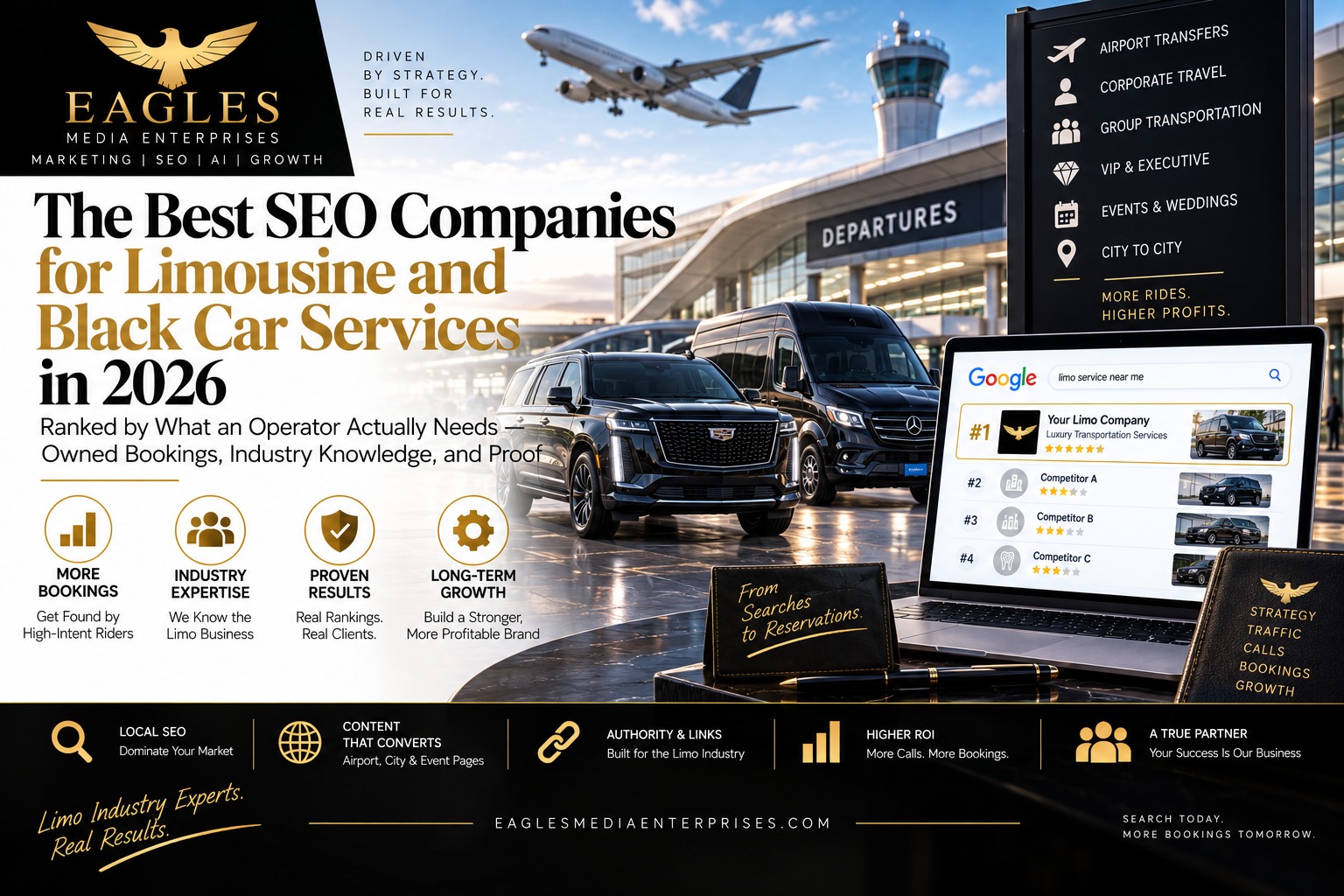 The best SEO companies for limousine and black car services in 2026 by Eagles Media Enterprises — airport terminal with an Escalade and Sprinter van and a laptop ranking a limo company #1 for "limo service near me"
