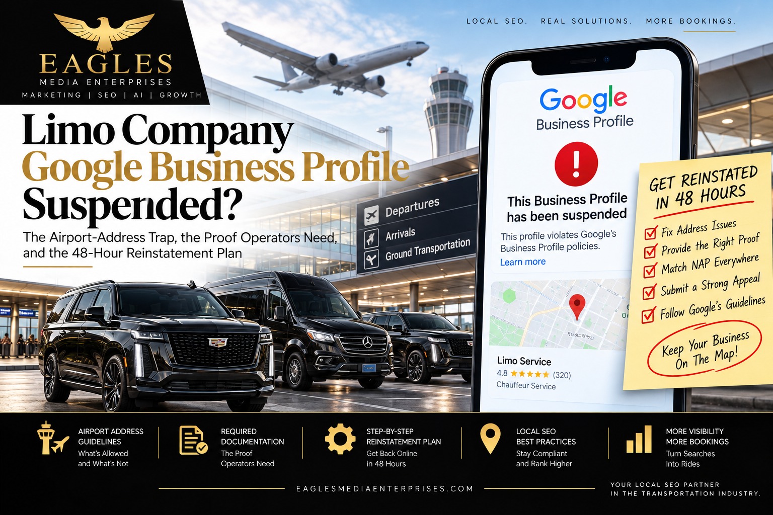 Black Cadillac Escalades and a Mercedes Sprinter outside an airport terminal beside a phone showing a suspended Google Business Profile, for the Eagles Media Enterprises guide "Limo Company Google Business Profile Suspended?"