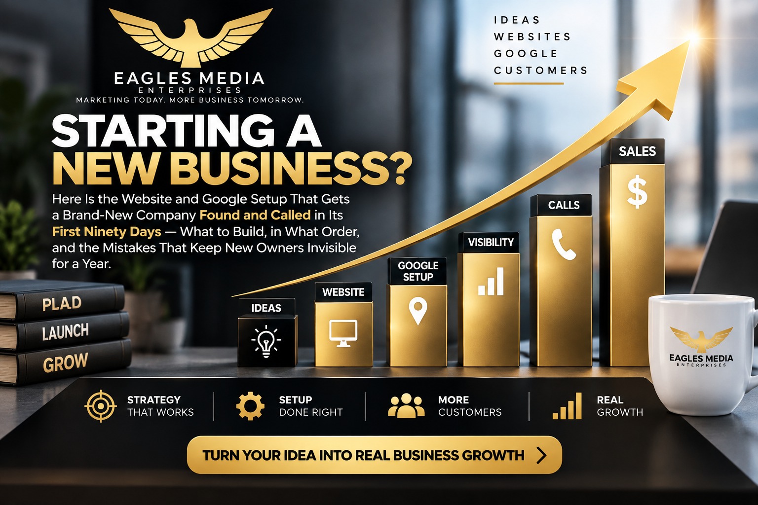 Starting a new business? By Eagles Media Enterprises — a rising gold growth chart from Ideas to Website, Google Setup, Visibility, Calls, and Sales, with Plan-Launch-Grow books