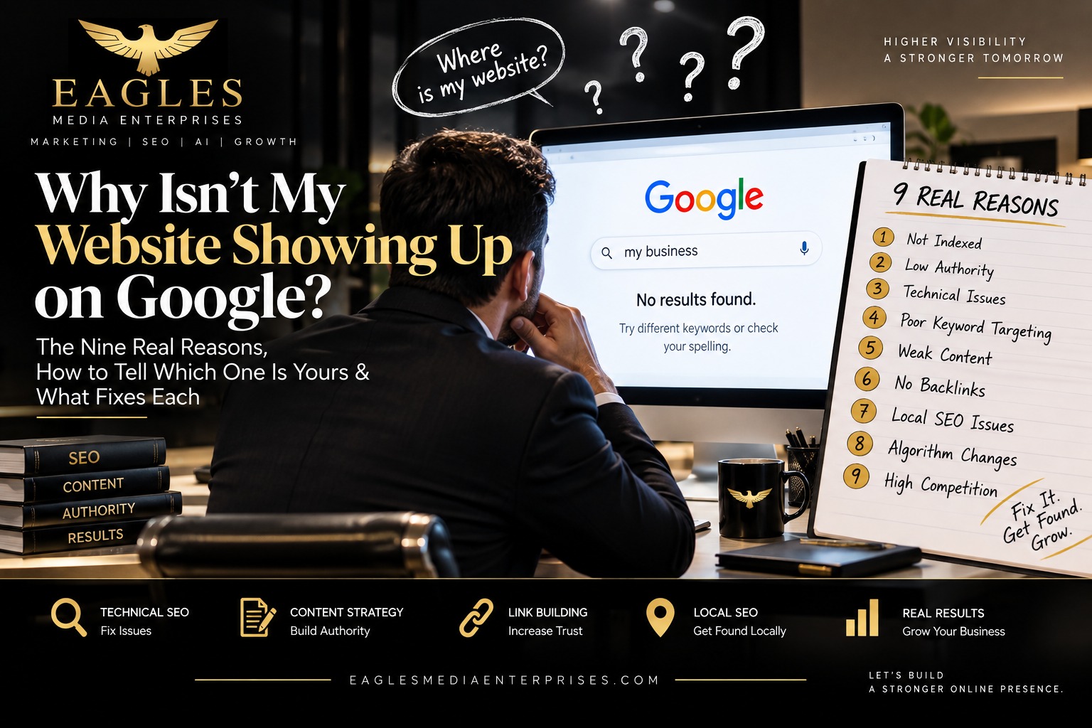 Businessman in a suit staring at a monitor showing a Google search for "my business" with "No results found," a whiteboard listing 9 real reasons a website isn't ranking, for the Eagles Media Enterprises guide "Why Isn't My Website Showing Up on Google?"