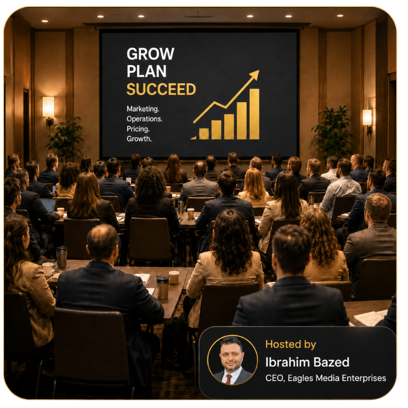 Conference room with about 30 business attendees facing a large presentation screen displaying growth and strategy messaging, with a host badge featuring Ibrahim Bazed, CEO of Eagles Media Enterprises.