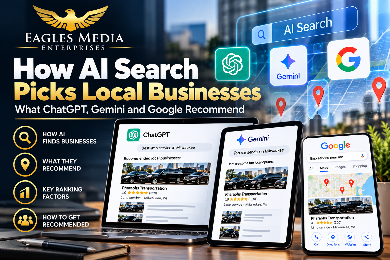 How AI Search Picks Local Businesses: Eagles Media Enterprises guide to how ChatGPT, Gemini, and Google recommend local businesses, including AI search visibility, local SEO ranking factors, and business optimization strategies.