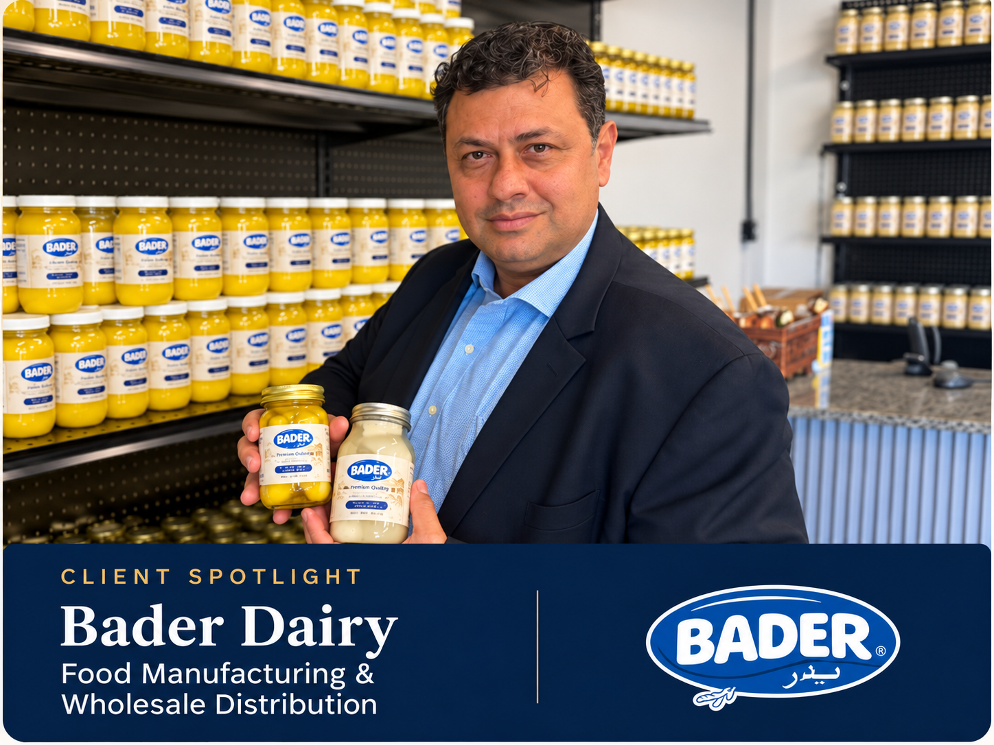 Eagles Media owner showcasing Bader Dairy products in a retail setting, highlighting food manufacturing and wholesale distribution marketing experience.