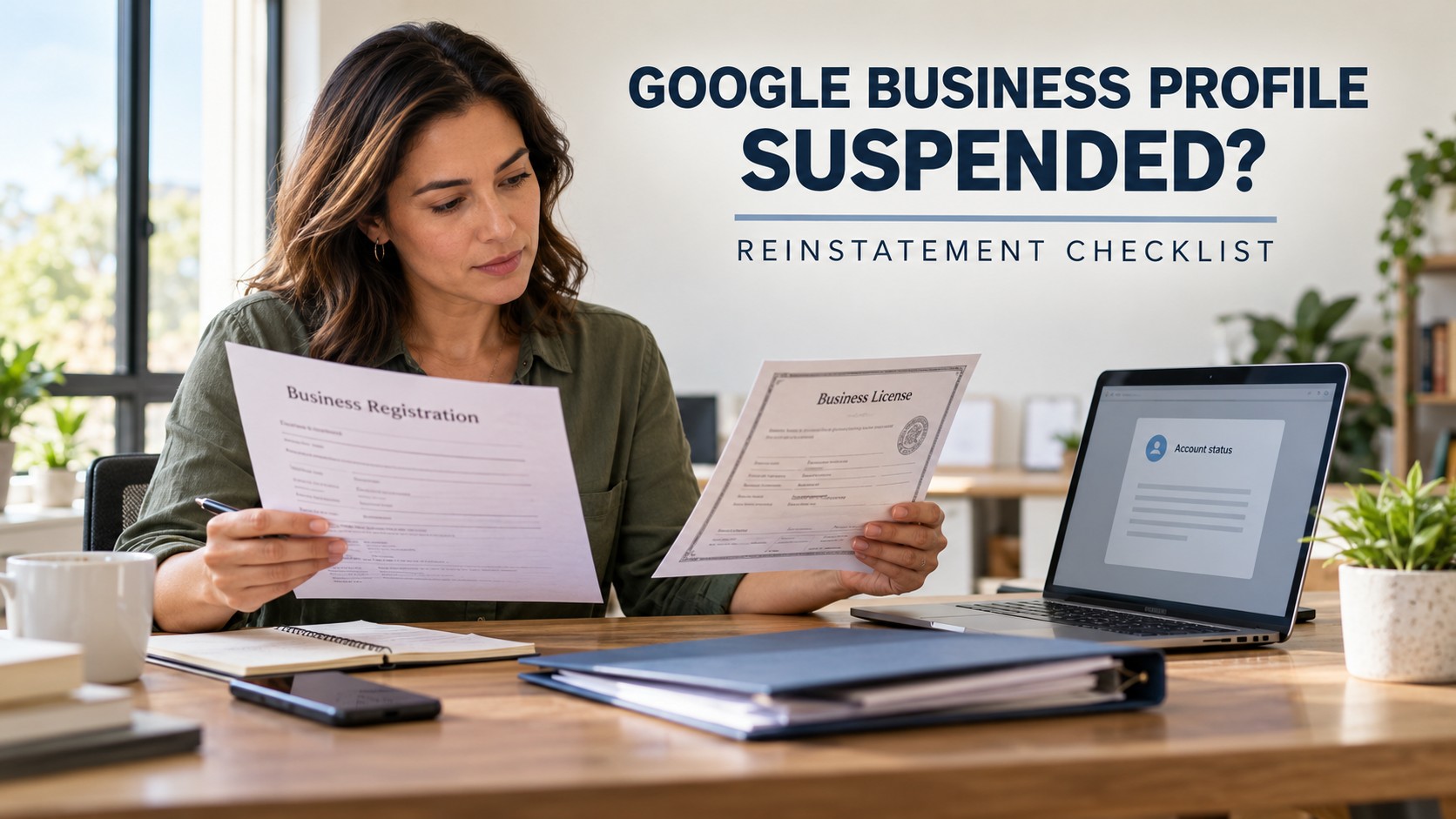 Business owner reviewing registration documents and account details while preparing a Google Business Profile suspension appeal