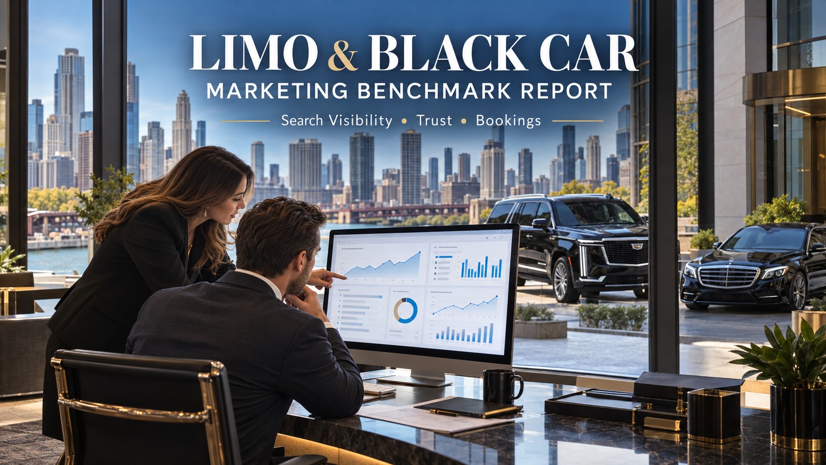 Luxury transportation company owner reviewing limo and black car marketing performance, search visibility and booking data.