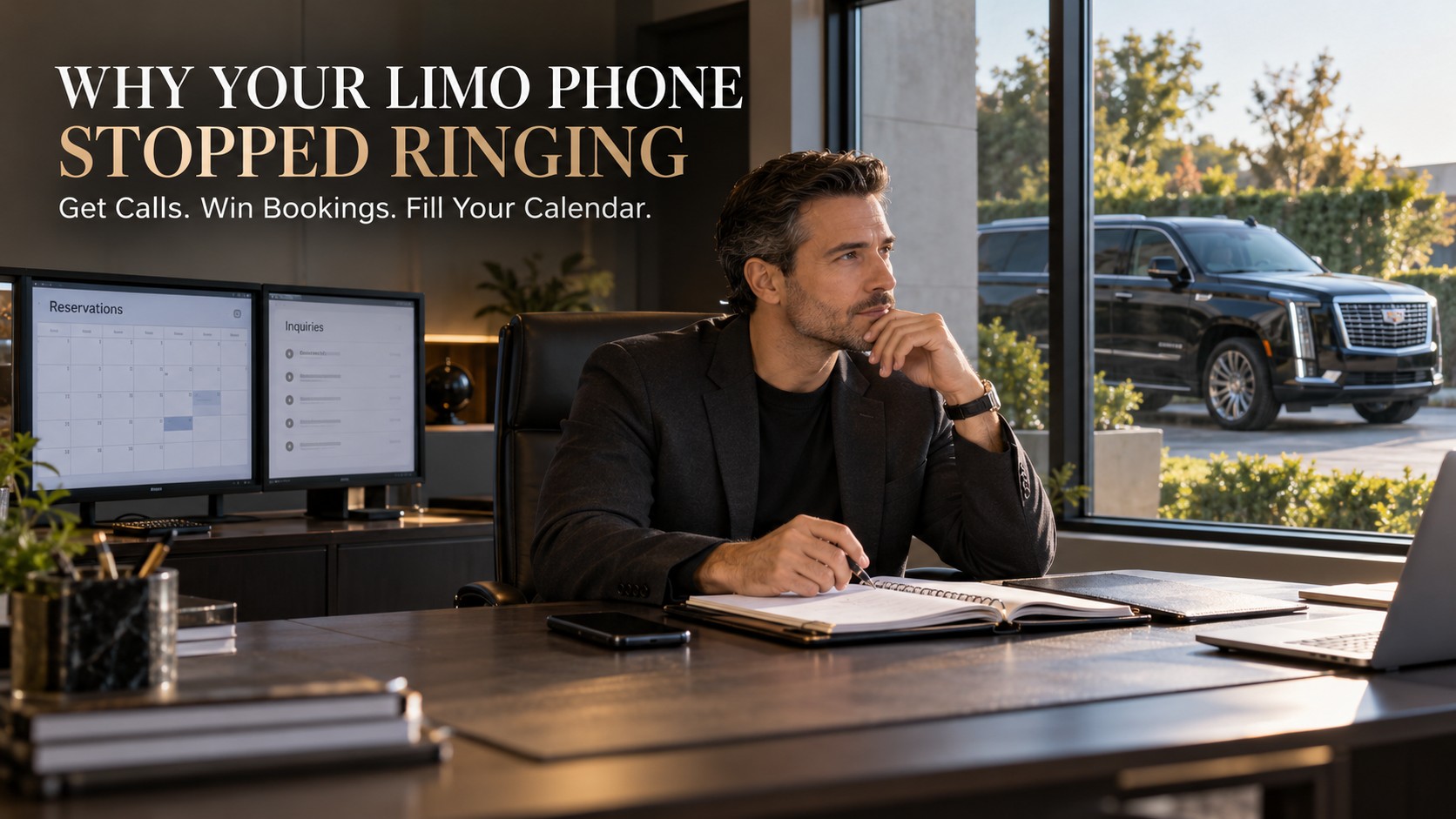 Limo Company Phone Stopped Ringing? Here’s Why Limousine company owner reviewing an underbooked reservation calendar in a dispatch office with a black luxury Cadillac Escalade parked outside.