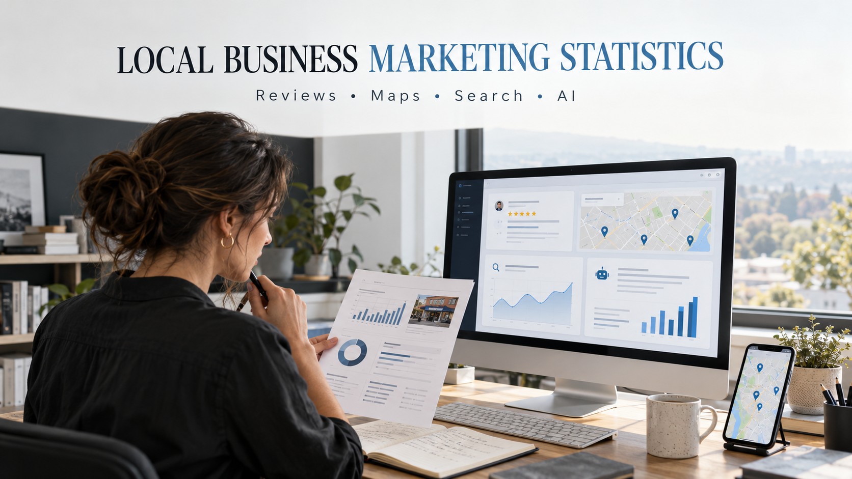 Local Business Marketing Statistics — Reviews, Maps, Search and AI Business owner analyzing local business marketing statistics for customer reviews, Google Maps, website search and AI recommendations