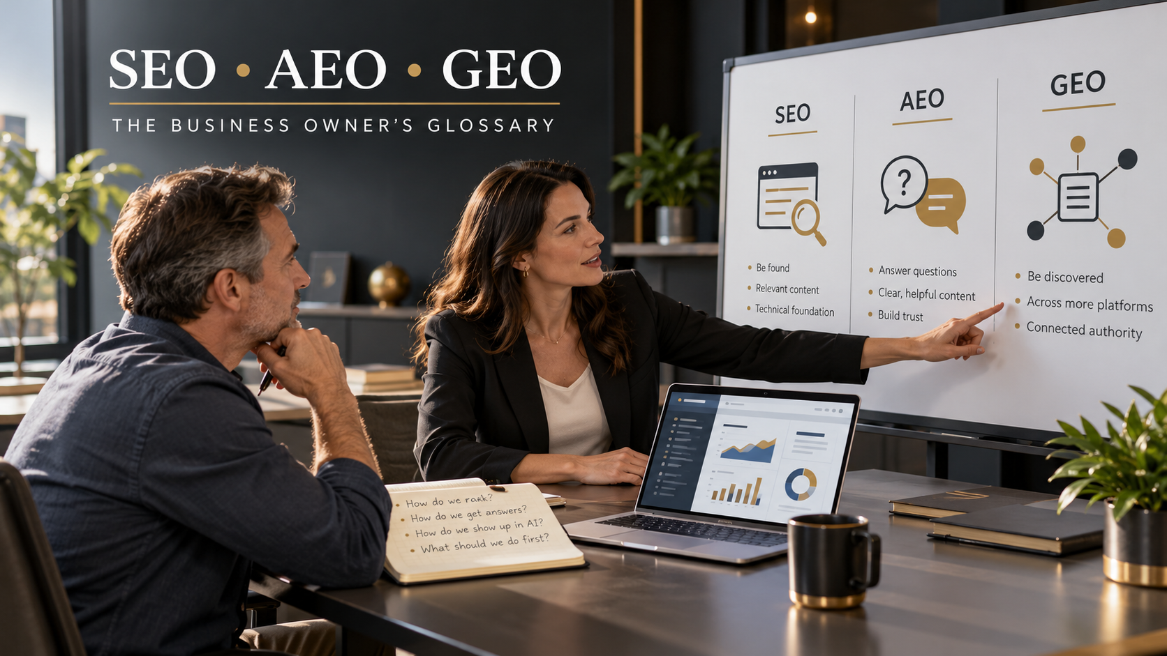Business owner and digital marketing consultant reviewing a clear explanation of SEO, AEO and GEO during a professional meeting