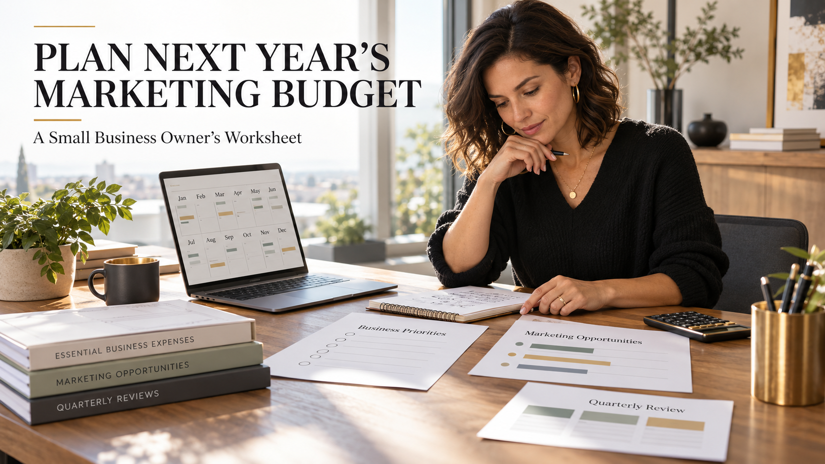 Small business owner reviewing a 2027 marketing budget worksheet, calendar and planned business expenses.
